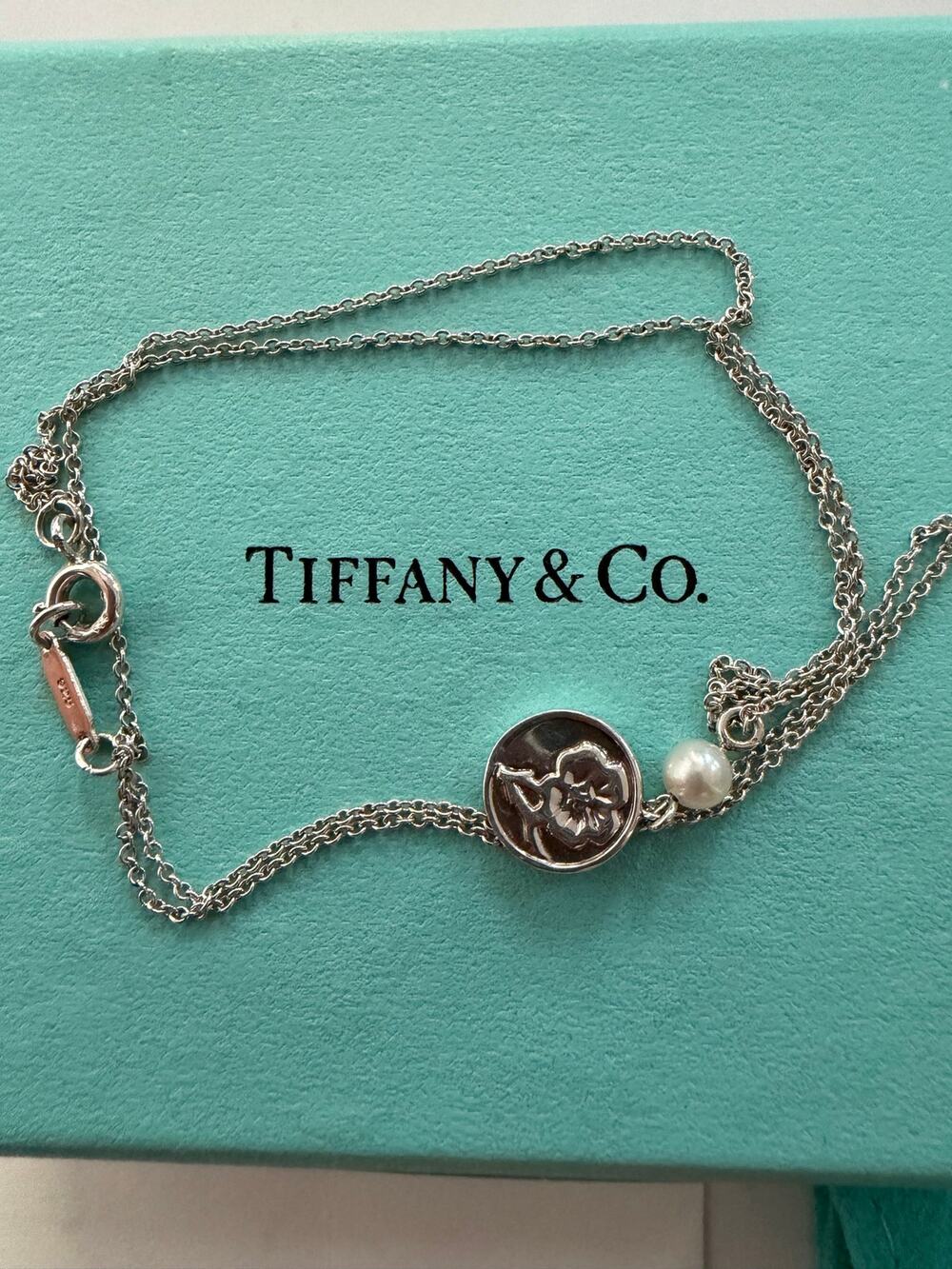 Authentic Tiffany & Co. Sterling Silver Flower Coin & Pearl Pendant Necklace 16"
